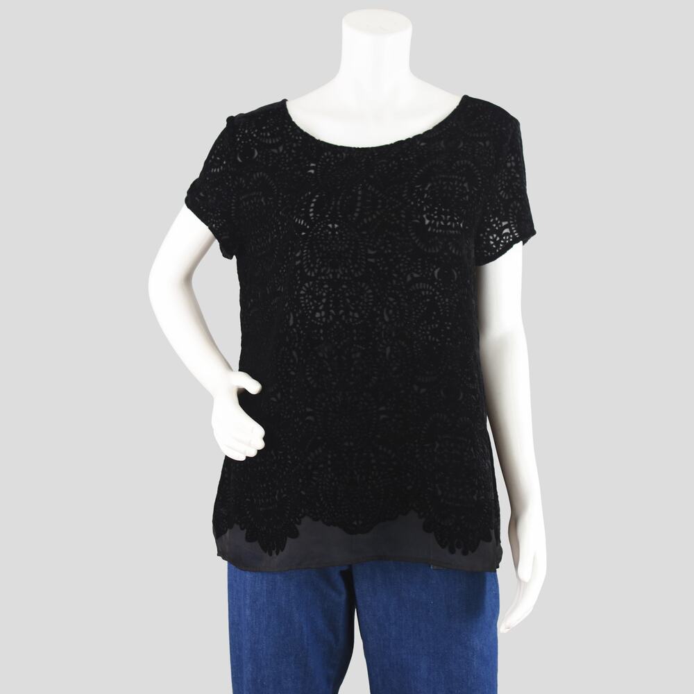 Ann Taylor Loft Black Velvet Burnout Short Sleeve Top Women's Large